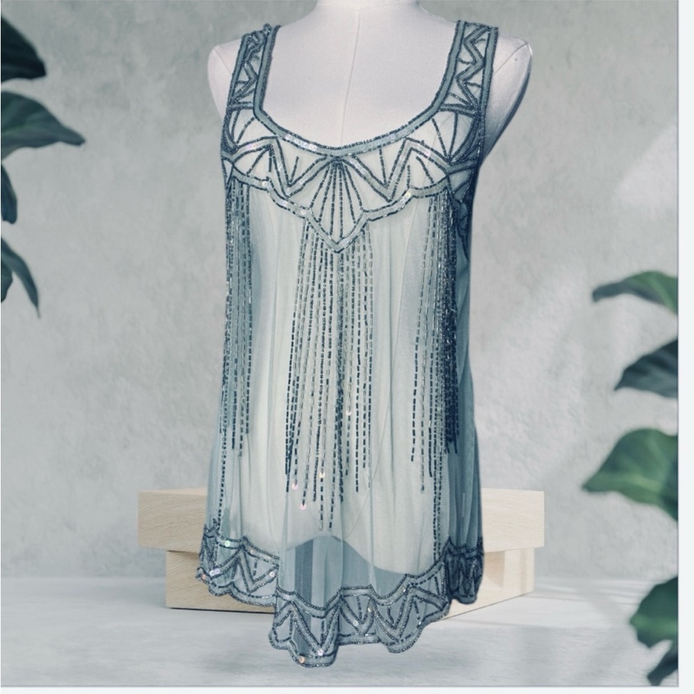 Willow & Clay Art Deco Beaded Fringe
Flapper Tank Tunic Top Pale Mint
Green M